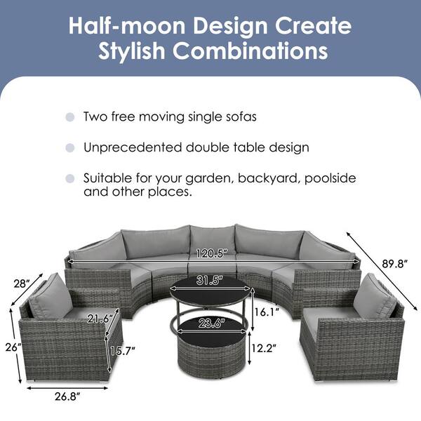 Gray 9-Piece Wicker Half-moon Outdoor Sectional Set, Modern