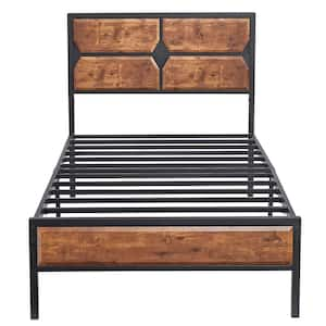 Twin Size Bed Frame with Wooden Headboard, Heavy-Duty Platform Bed with Strong Metal Slat Support, 39.4 in. W, Brown