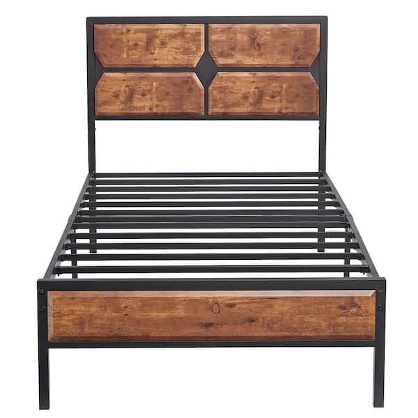 VECELO Twin Size Bed Frame with Wooden Headboard, Heavy-Duty Platform Bed with Strong Metal Slat Support, 39.4 in. W, Brown
