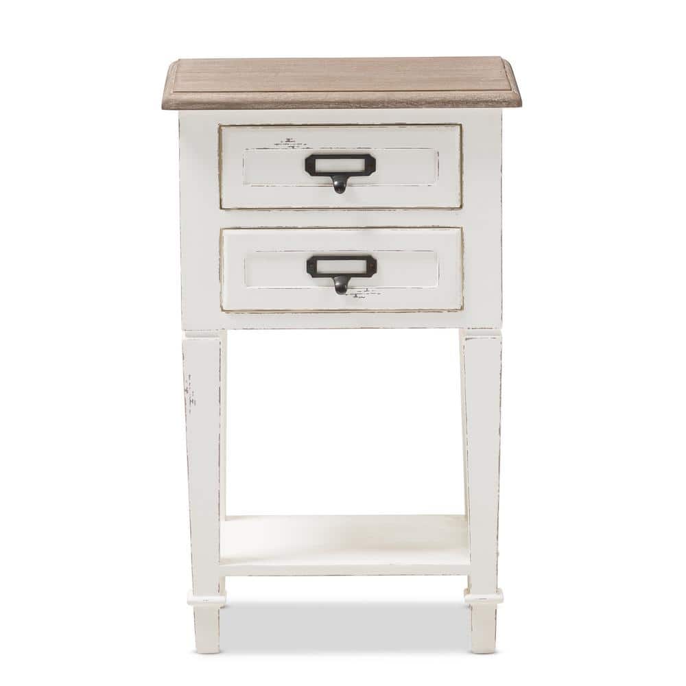 Dauphine Provincial Style 2-Drawer Nightstand in Distressed White and Oak