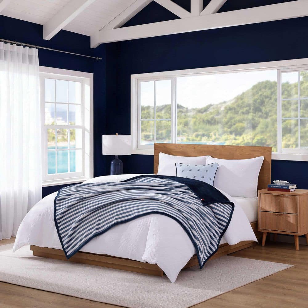 Laguna Beach Stripe 1-Piece White/Deep Blue Reversible Lush Plush Fleece 50 x 70 Throw Blanket