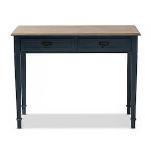 39.5 in. Blue/Oak Rectangular 2 -Drawer Writing Desk with Black Metal Hardware