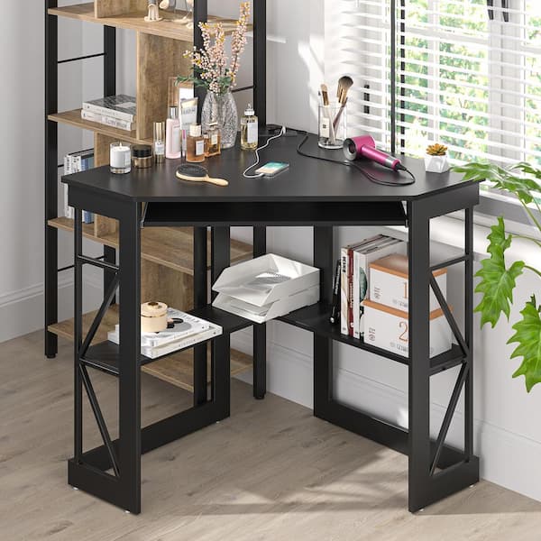 VECELO - Corner Computer Desk with Built-In Charging Station, Keyboard Tray and Storage Shelves, 41 in. Triangle Table, Black