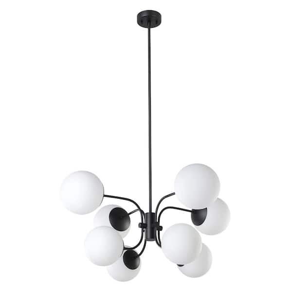 Eglo Moultrie 33 in. W x 65.85 in. H 8-Light Black Statement Pendant Light with Opal Glass Sphere Shades, No Bulbs Included
