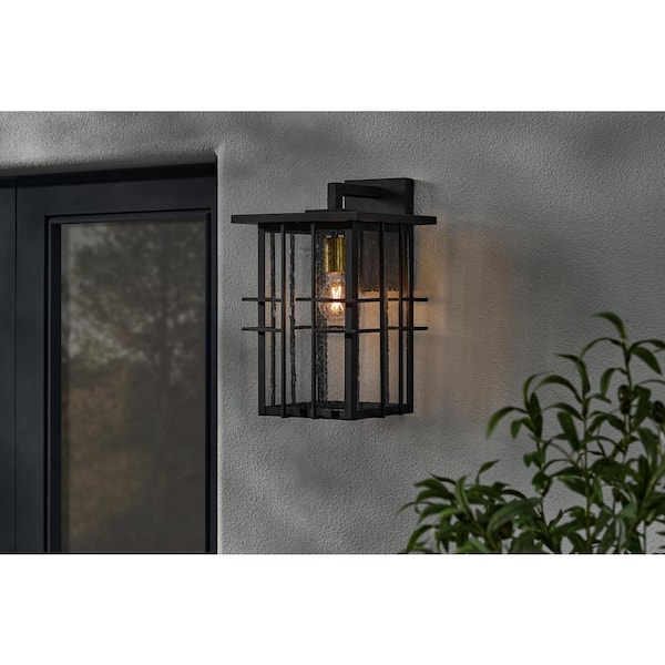Hampton Bay Glenfield Medium 16 in. 1-Light Black Outdoor Wall Light Fixture with Seeded Glass