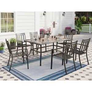 Black 7-Piece Metal Outdoor Patio Dining Set with Wood-Look Umbrella Table and Stripe Stackable Chairs
