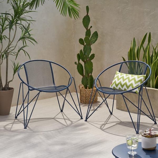 Unbranded Metal Outdoor Dining Lounge Chair in Navy Blue Set of 2