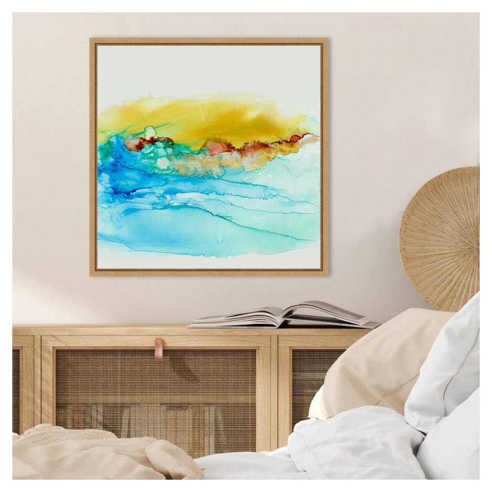 Sky Alive Abstract Blue and Yellow Canvas Wall Art with Maple Frame