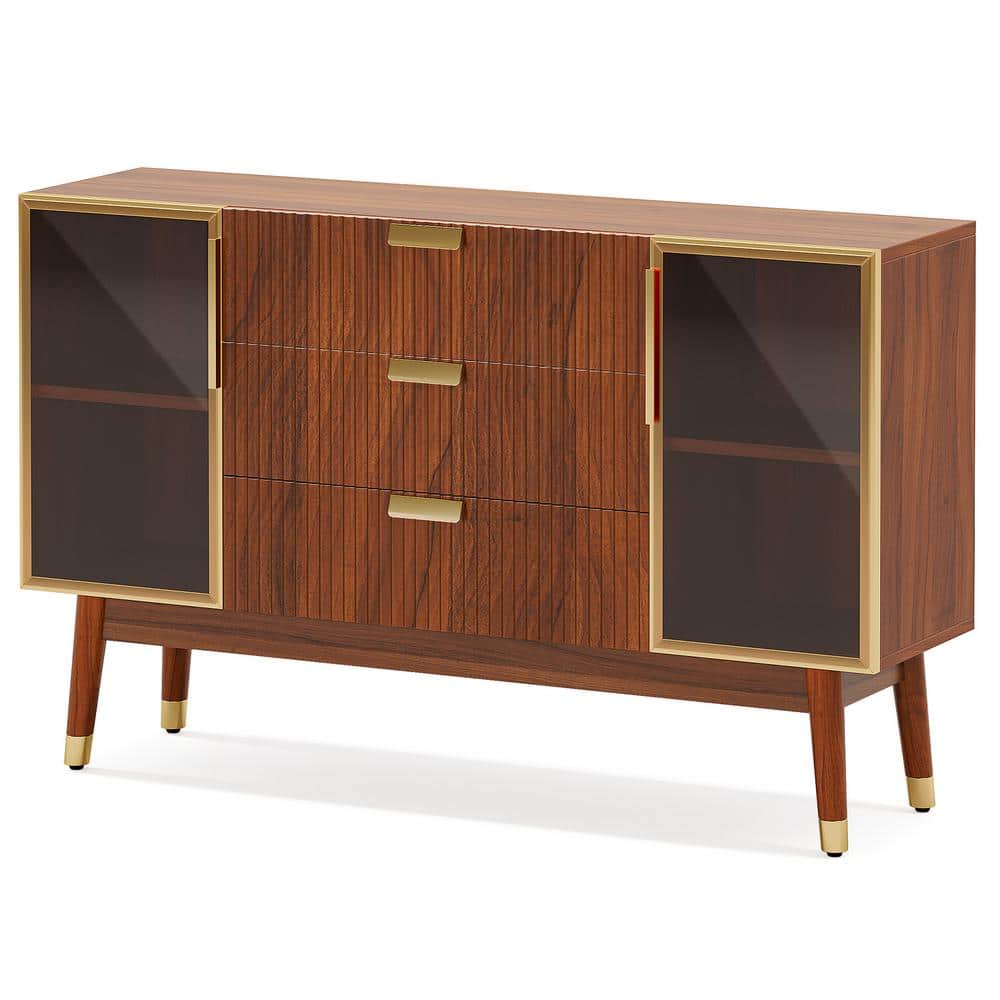 55" Brown Walnut Sideboard Buffet with Gold Metal Handles