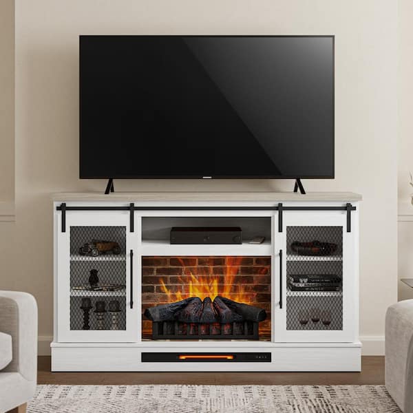 Home Decorators Collection Bramble 63 in. Freestanding Electric Fireplace TV Stand w/ Sliding Mesh Barn Door in White w/ Washed Blonde Walnut Top