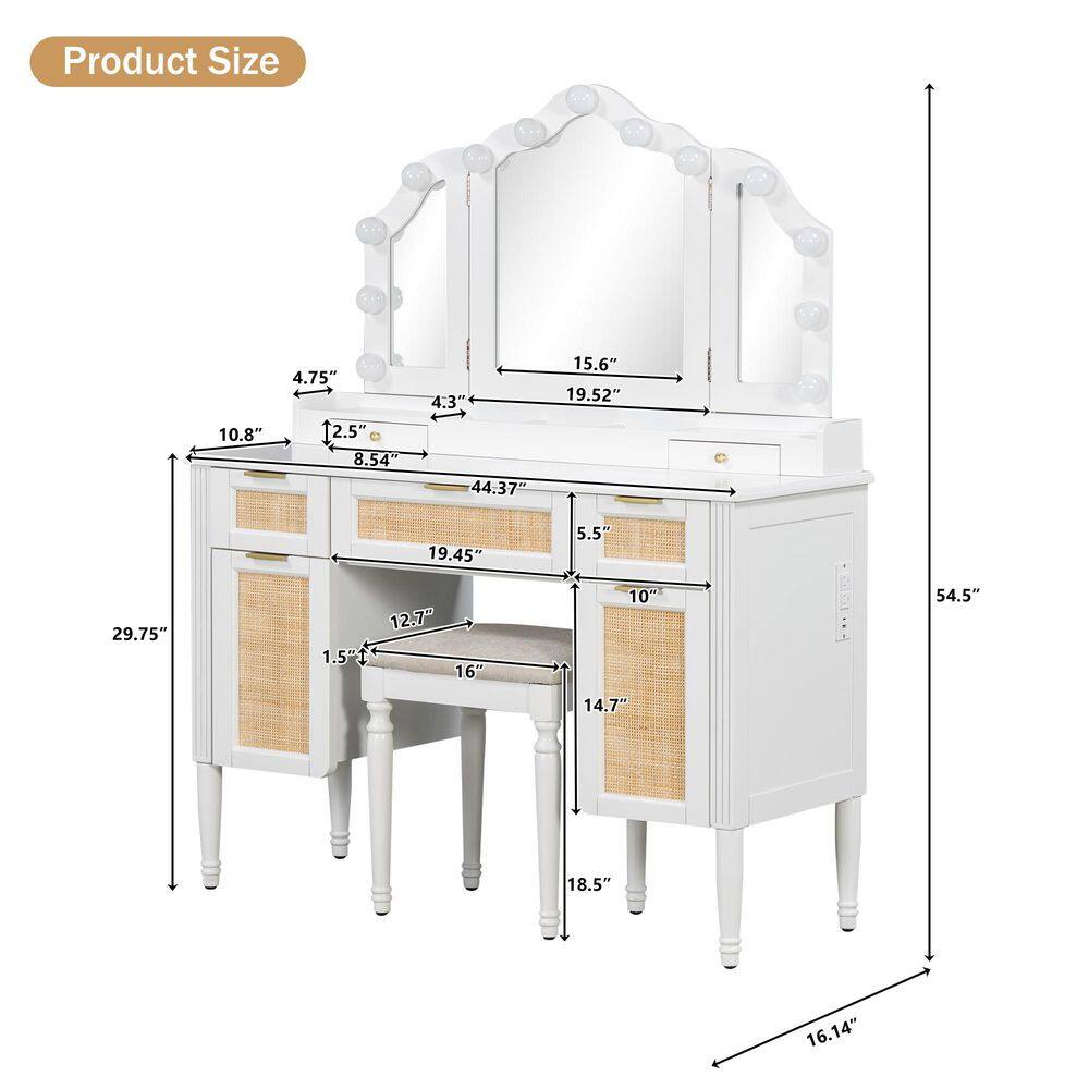 2-Piece White Makeup Vanity Set with Cushioned Stool, Tri-Fold Light Mirror, 5-Drawers, 2 Cabinets, Charging Station - thumbnail 2