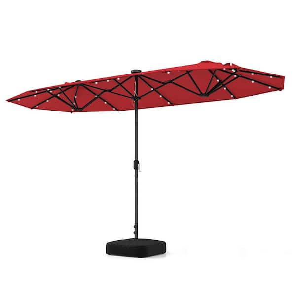 Costway 13 ft. Metal Market Solar Double-sided Patio Umbrella with Umbrella Base in Wine