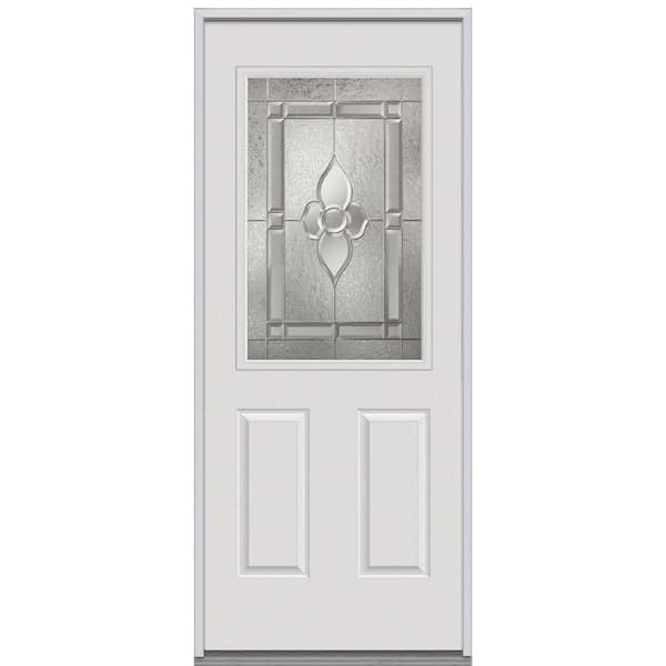 Milliken Millwork 32 in. x 80 in. Master Nouveau Decorative Glass 1/2 Lite 2-Panel Primed White Steel Replacement Prehung Front Door