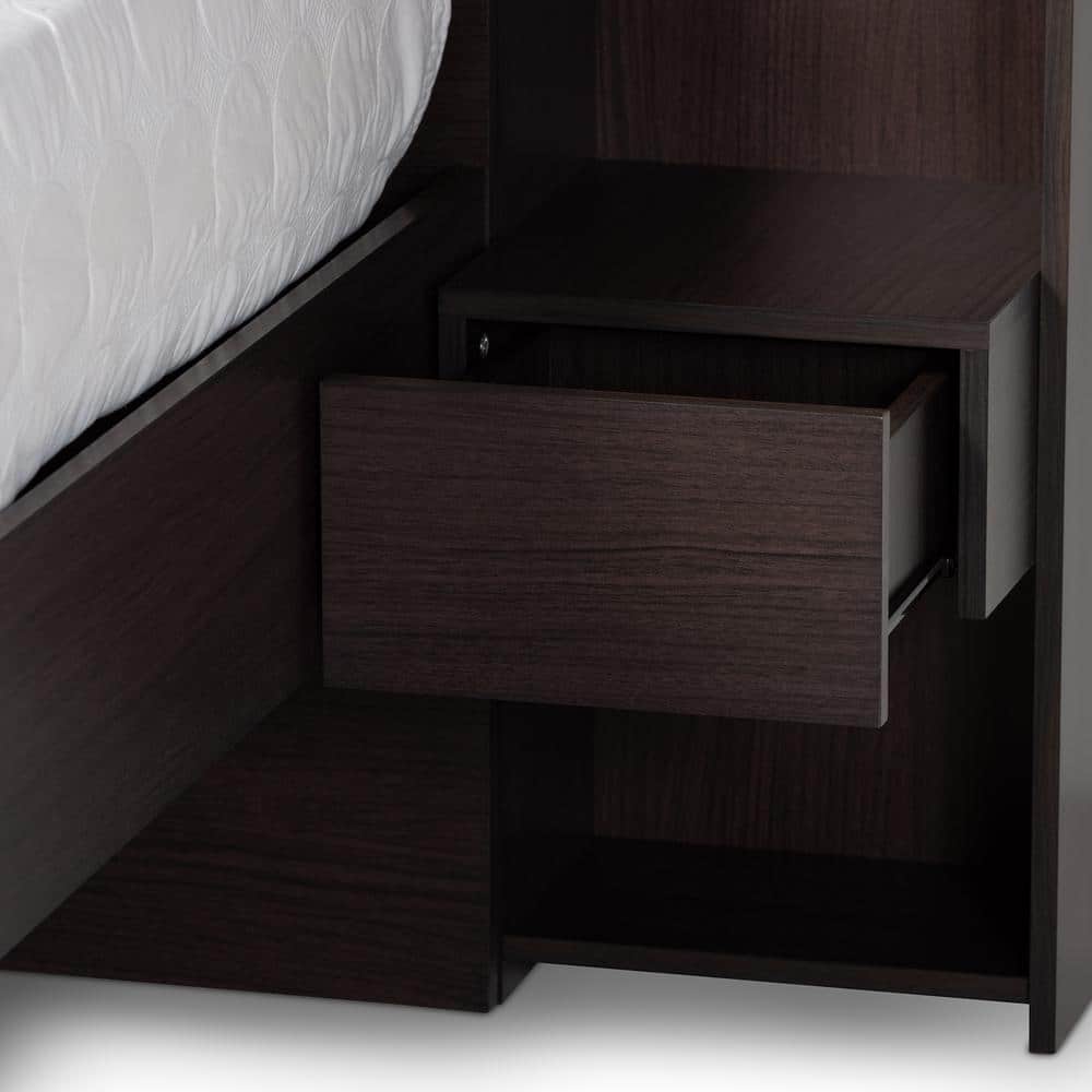 Dexton Dark Brown Queen Wood Platform Storage Bed with Shelves