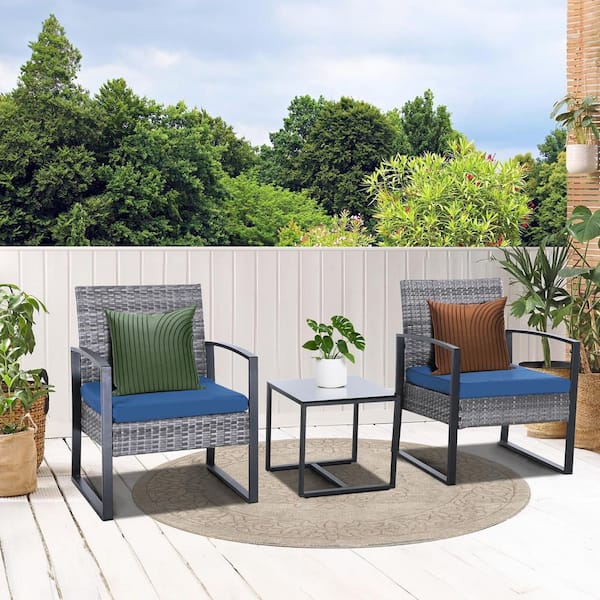 Zeus & Ruta 3-Piece Gray Wicker Patio Outdoor Bistro Set with Blue Cushions and 1 Side Table