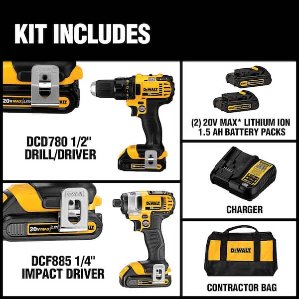 DEWALT 20V MAX Cordless Drill/Impact 2 Tool Combo Kit with (2) 20V 1.3Ah  Batteries, Charger, and Bag DCK240C2 - The Home Depot