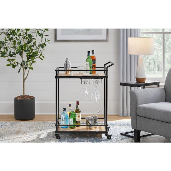 StyleWell Black Metal Bar Cart with Natural Wood Shelves (26 in. W)