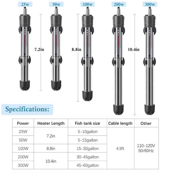50W Adjustable Submersible Aquarium Heater with Thermostat Control and Suction Cup for Aquariums and Fish Tanks (1-Pack)