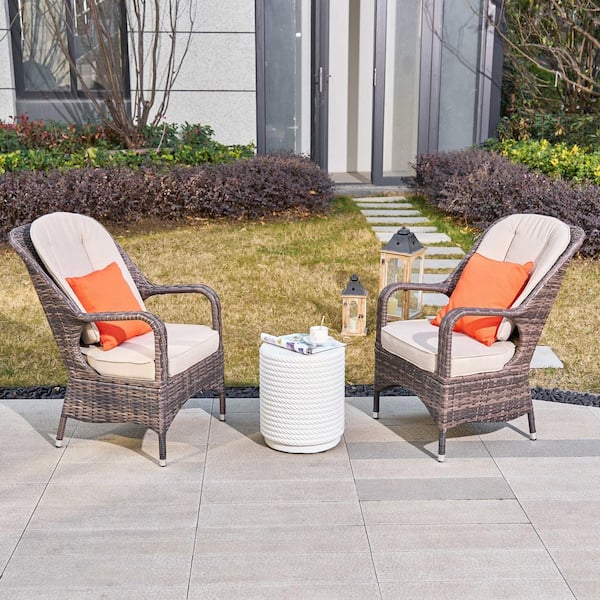 Meli 2-Person Outdoor Patio Wicker Aluminum Seating Group With Beige Cushions-Brown