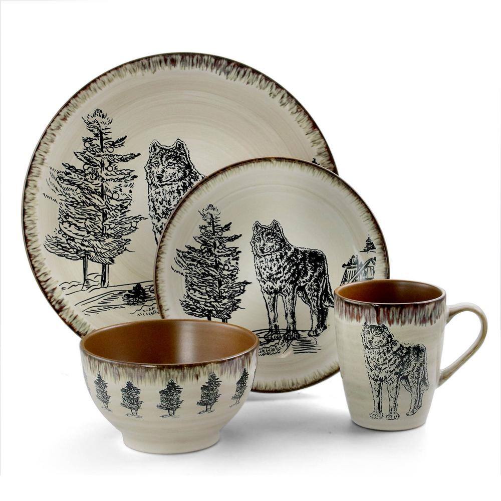 Majestic Wolf Taupe Ceramic Holiday Dinnerware Set for 4