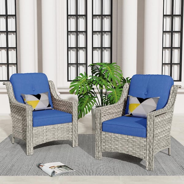 Toject Eureka Gray Modern Wicker Outdoor Lounge Chair Seating Set with Navy Blue Cushions (2-Pack)