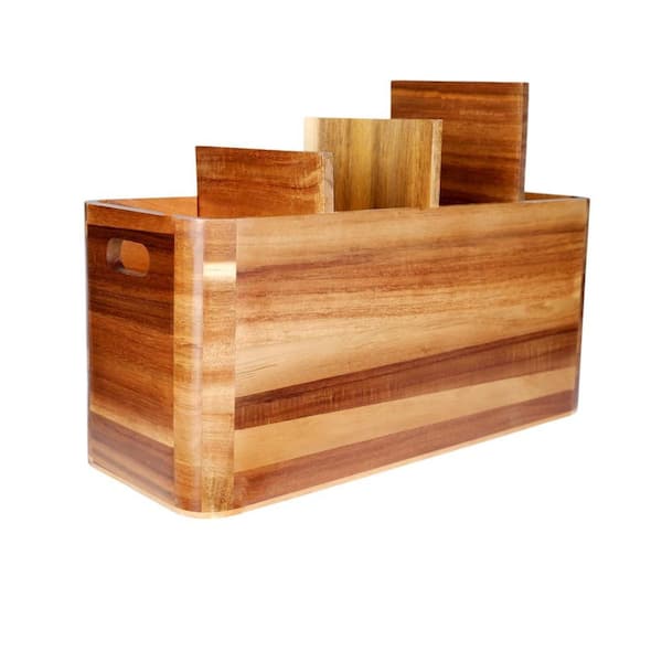 Natural Acacia Wood Utensil Caddy with 4 Compartments, Kitchen Utensil Organizer for Kitchen Counter and Buffet
