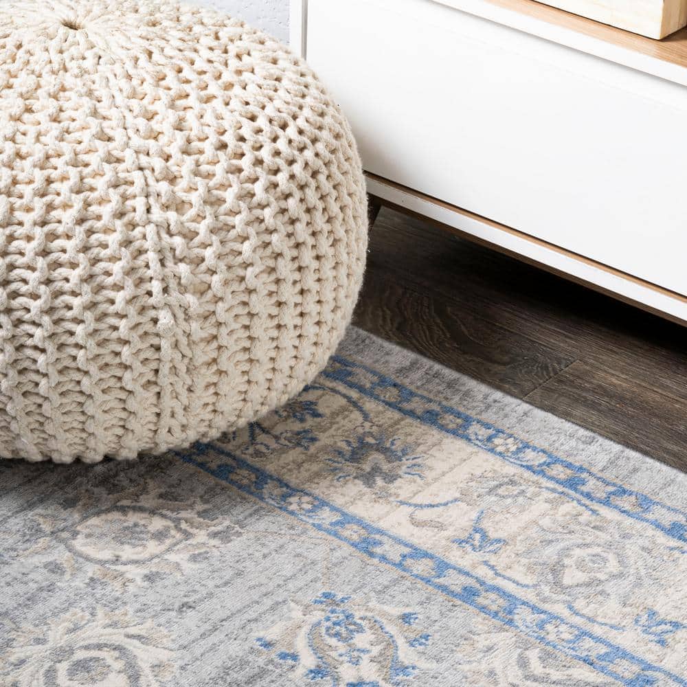 Gray and Blue Floral Synthetic Runner Rug, 2 ft x 8 ft
