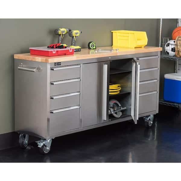 TRINITY 6 ft. 8-Drawer Stainless-Steel Corner Rolling Mobile Workbench with  Storage TLS-7204 - The Home Depot