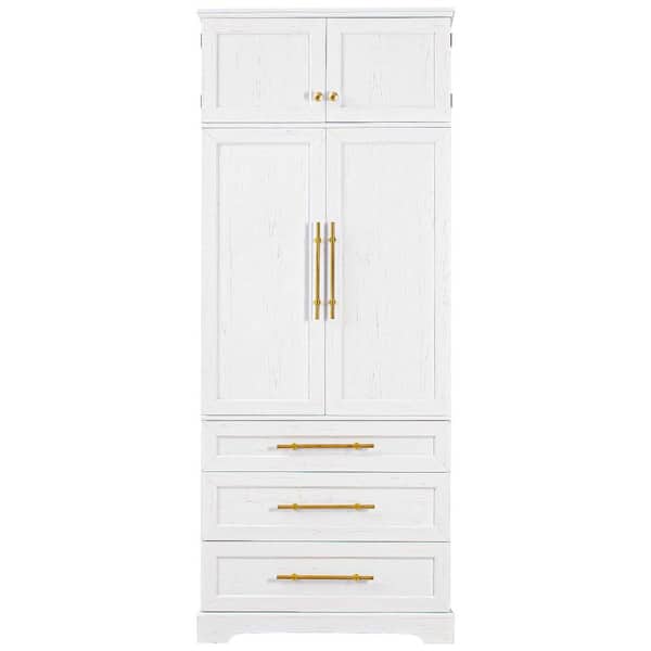 32 in W x 16 in D x 78 in H Linen Cabinet, Kitchen Pantry Cabinet in Retro White with 3 Drawers, 3 Adjustable Shelves
