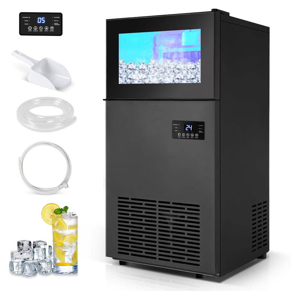 Commercial Ice Maker Machine 130LBS/24H with 35LBS Storage Bin,45 Ice Cubes  Ready in 11-20 Mins Under Counter/Freestanding Stainless Steel Gravity