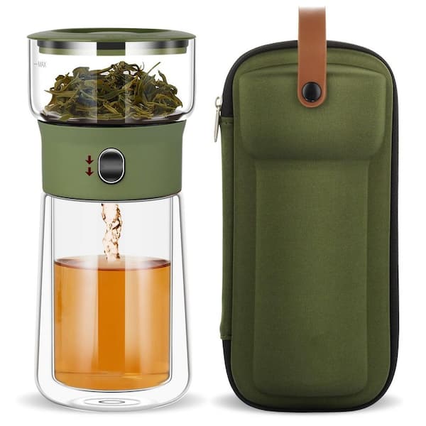 1-Cup Green Glass Infuser Teapot, 2-in-1 One Touch Tea Maker for Loose Leaf Tea with Insulated Mug and Portable Case