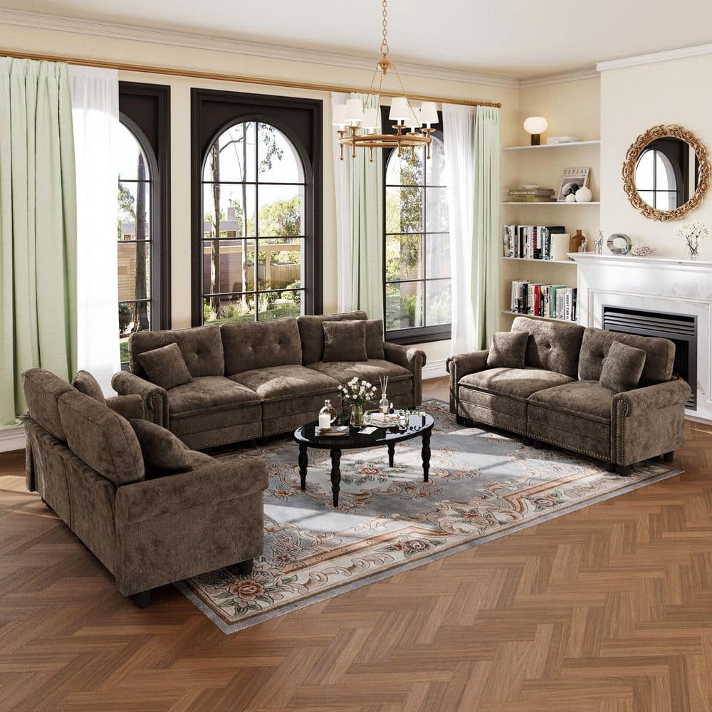 113.8 in. Roll Arm 7-Seat Chenille Modular Sectional Sofa in Brown with Throw Pillows