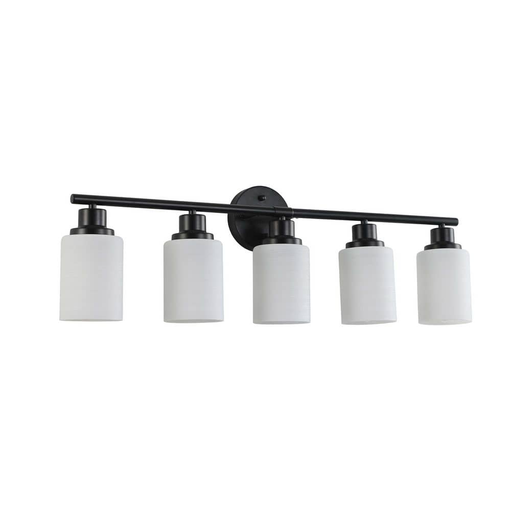 31 in. 5-Light Modern Black Wall Bathroom Mirror Vanity Light with Frosted 