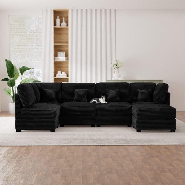Vita Modern Minimalist 123.2 in. Corduroy Upholstered Modular Sectional Sofa in Black with Movable Ottoman
