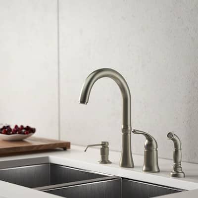 4-Hole Single-Handle Standard Kitchen Faucet with Side Spray and Soap Dispenser in Brushed Nickel