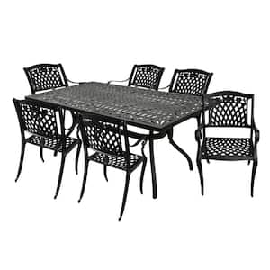 Black 7-Piece Aluminum Rectangular Mesh Outdoor Dining Set with 6-Chairs