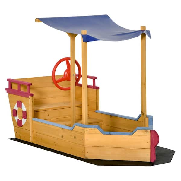 2.3 ft. W x 5.3 ft. L Wood Pirate Ship Sandbox with Cover, Rudder, Storage Bench and Seat for Kids Ages 3-8 Years Old