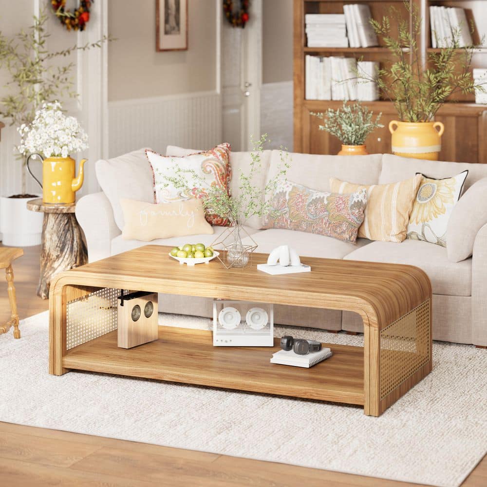 Farmhouse 47.24 in. Natural Finish Rectangle MDF Wood Storage Coffee Table