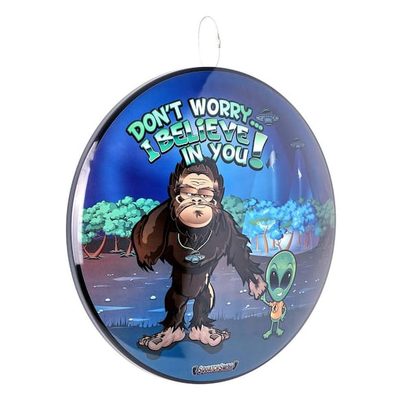 American Art Decor Dome Shaped Metal Wall Art Sign-Arcade, Mancave, Game Room, Sasquash (Bigfoot & Alien)Blue/Brown/Green, 15" H x 15" L