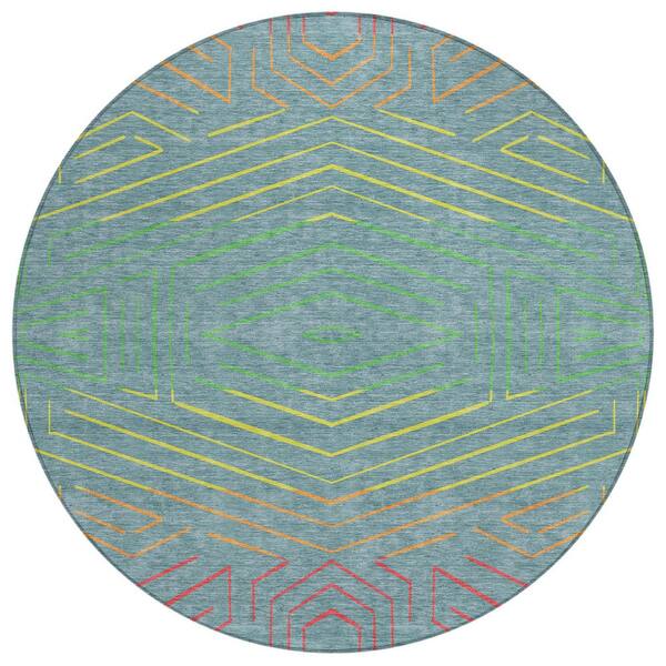 Chantille Machine Washable Indoor/Outdoor Abstract ACN2830 Teal 8 ft. x 8 ft. Round Rug
