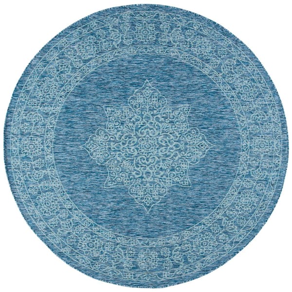 SAFAVIEH Courtyard Navy/Ivory 7 ft. x 7 ft. Round Medallion Indoor/Outdoor Patio  Area Rug