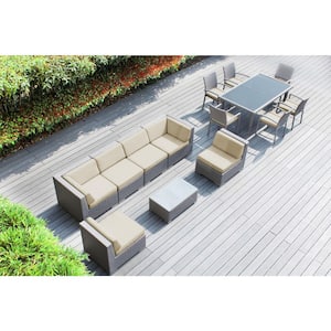 Ohana Gray 14-Piece Wicker Patio Conversation Set with Stackable Dining Chairs and Sunbrella Antique Beige Cushions
