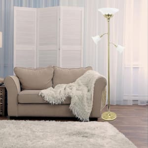 71 in. Gold 3-Light Torchiere Floor Lamp with Scalloped Glass Shades