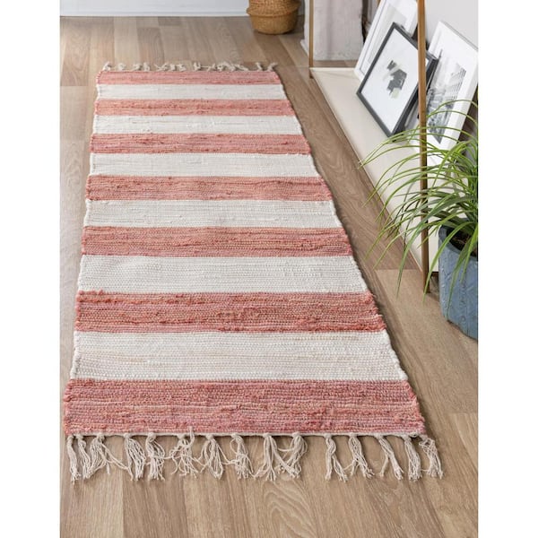 Chindi Rag Striped Coral and Ivory 2' 7 x 12' 0 Area Rug