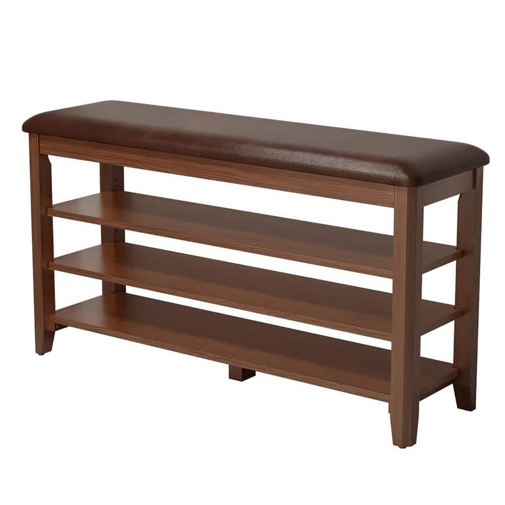 39.4" W Walnut Solid Wood Shoe Storage Bench with Cushion