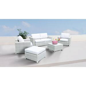 5-Piece Wicker Patio Conversation Set with White Cushions