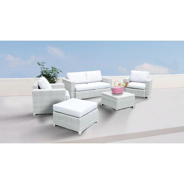 waelph 5-Piece Wicker Patio Conversation Set with White Cushions