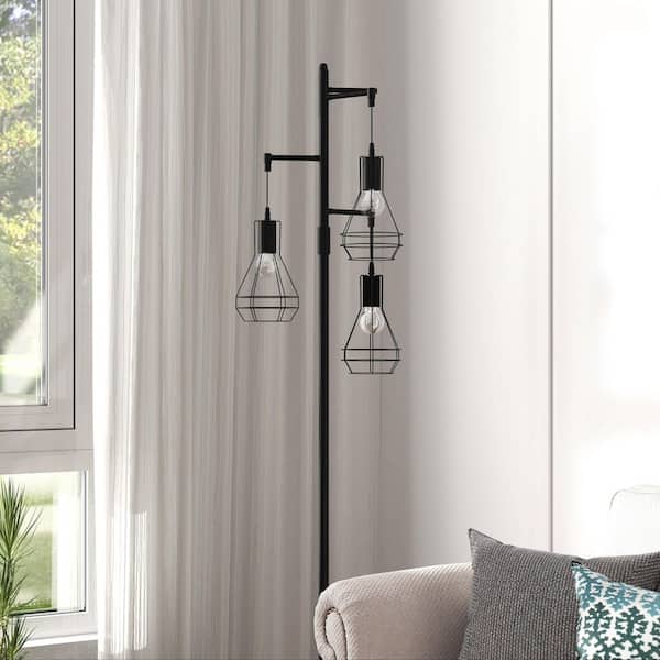 65 in. 3-Light Black Farmhouse Industrial Tree Floor Lamp Standing Lamp with Elegant Cage Shades