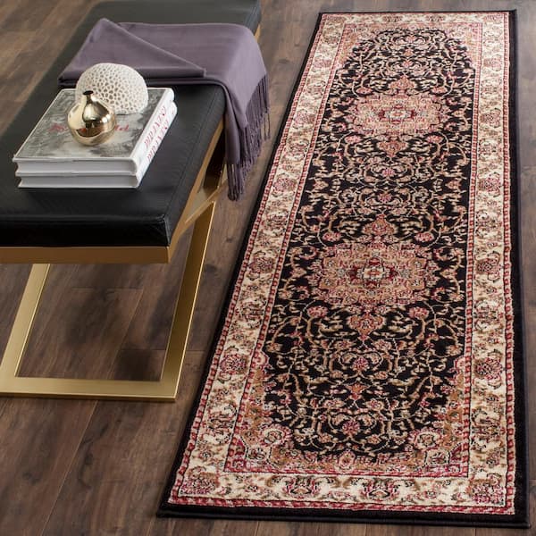 Lyndhurst Black/Ivory 2 ft. x 12 ft. Floral Border Antique Runner Rug
