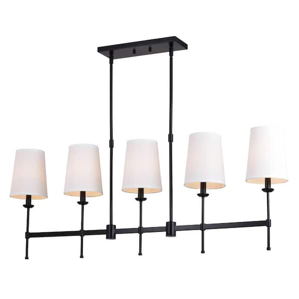 Camden 5-Light Matte Black Linear Chandelier Island Pendant Fixture White Fabric Shade, LED Compatible